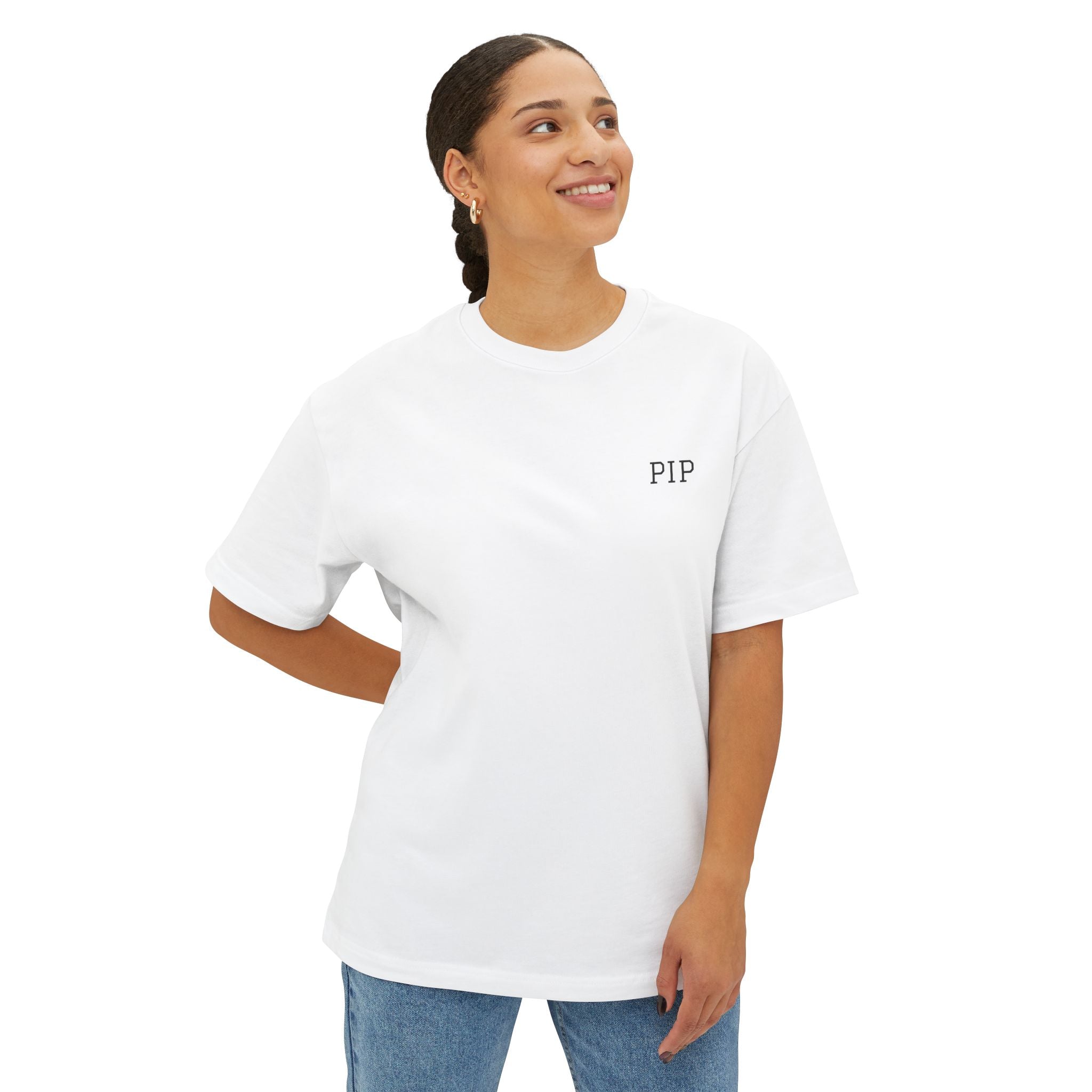 Peace In Progress Tee — Minimalist White Boxy T-Shirt with 'PIP' Chest Logo