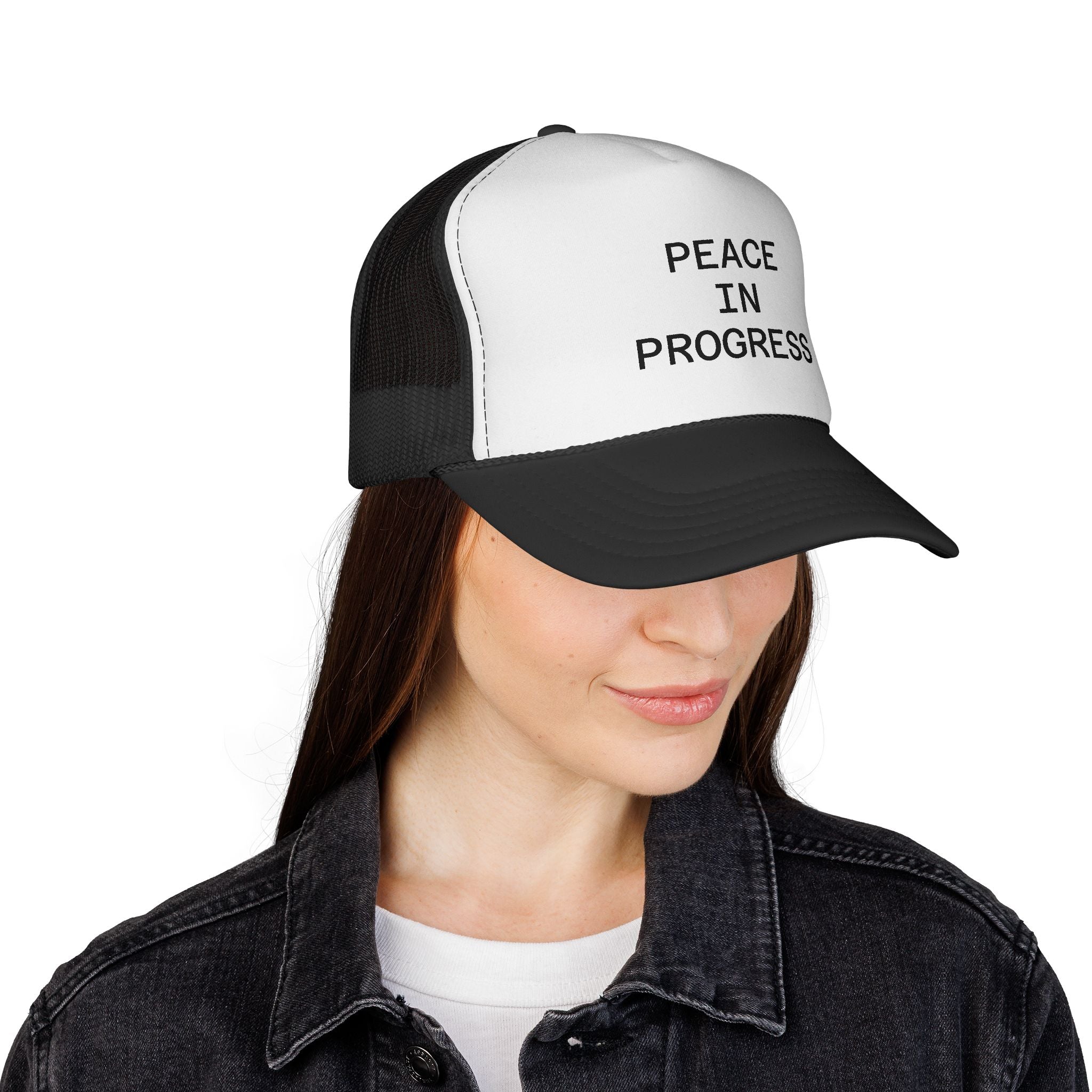 Peace In Progress Trucker Hat — Casual Mesh Cap with Positive Message