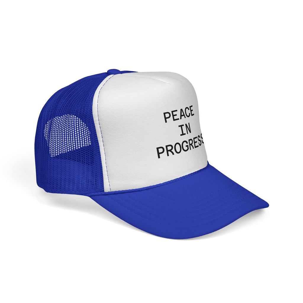Peace In Progress Trucker Hat — Casual Mesh Cap with Positive Message