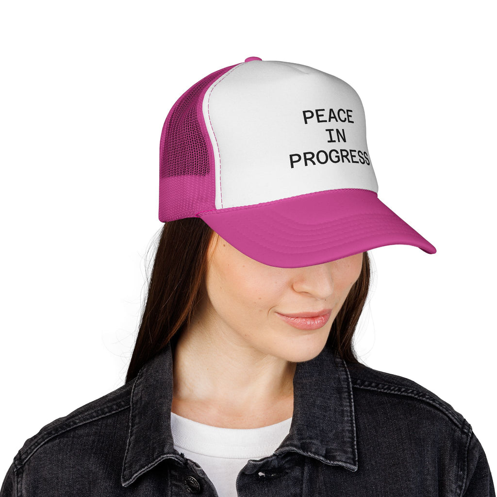 Peace In Progress Trucker Hat — Casual Mesh Cap with Positive Message