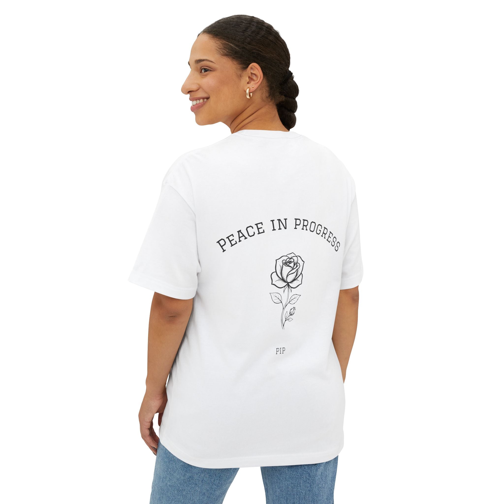 Peace In Progress Tee — Minimalist White Boxy T-Shirt with 'PIP' Chest Logo