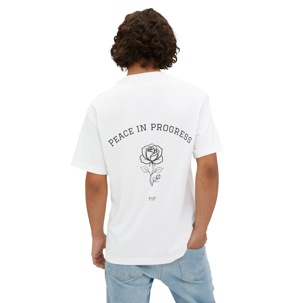 Peace In Progress Tee — Minimalist White Boxy T-Shirt with 'PIP' Chest Logo